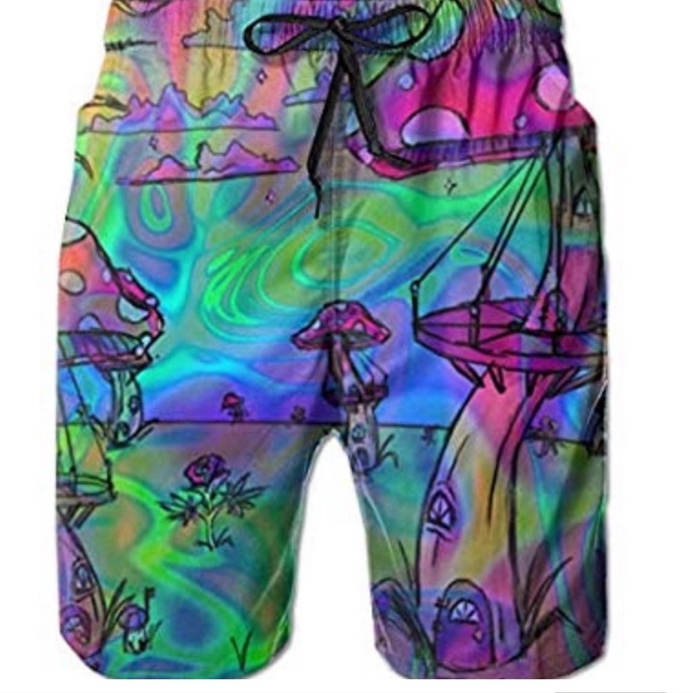 men’s psychedelic mushroom 🍄 rave swim shorts trunks festival beach river lake